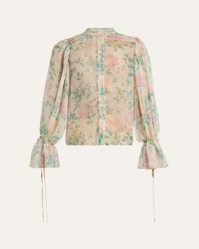 Floral Silk Balloon-Sleeve Button-Down Top